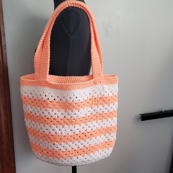 Orange and White Tote Bag with Lace Trim - Picture 1 of 6